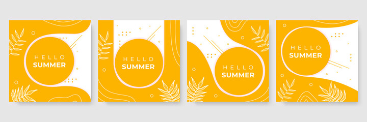 Summer sale vector poster set with 50% off discount text and summer elements in colorful backgrounds for store marketing promotion. Vector illustration.
