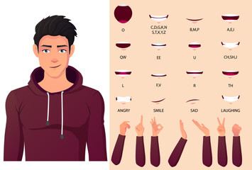 White Man Mouth Animation Pack with Lip Syncing Set. Fit Man in Red Hoodie With Hand Gestures Flat Vector Illustration set.