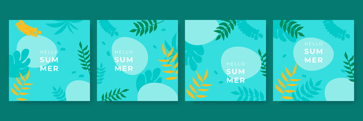 Fototapeta na wymiar Collection of green yellow summer background set with palm, leaves ,flower, blob. Editable vector illustration for invitation, postcard, post stories social media template and website banner