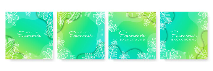 Collection of green yellow summer background set with palm, leaves ,flower, blob. Editable vector illustration for invitation, postcard, post stories social media template and website banner