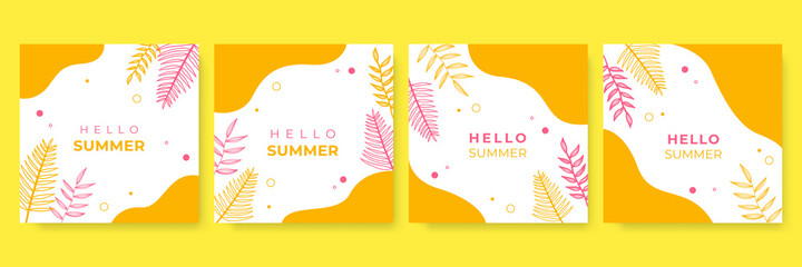 Summer sale vector poster set with 50% off discount text and summer elements in colorful backgrounds for store marketing promotion. Vector illustration.