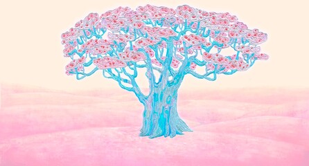 Lonely colorful tree, surreal landscape painting illustration, flowers and nature concept art, fantasy artwork