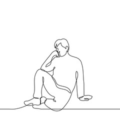 man sits on the floor in thought - one line drawing vector. the man rests his chin, his elbow rests on the knee, other hand rests on the floor behind him