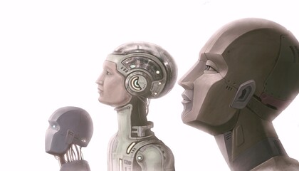 Naklejka premium Robots, futuristic art, imagination future science and ai concept idea, surreal artwork ,3d illustration , conceptual painting
