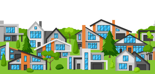 Seamless pattern with modern luxury houses. Real estate cottages.