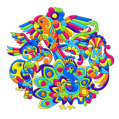 Obraz premium Decorative background with tropical birds. Mexican ceramic cute naive art.