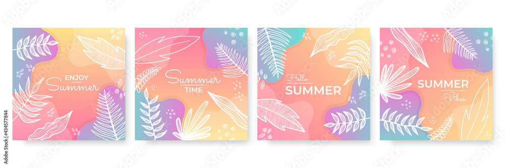 Poster Vector set of colourful social media stories design templates, backgrounds with copy space for text - summer landscape. Summer background with leaves and waves