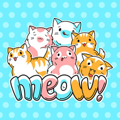 Background with cute kawaii cats. Fun animal illustration.