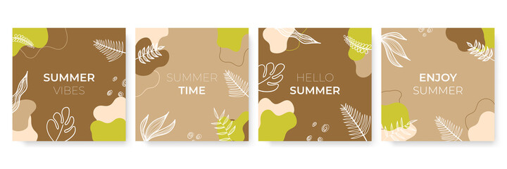 Vector set of colourful social media stories design templates, backgrounds with copy space for text - summer landscape. Summer background with leaves and waves