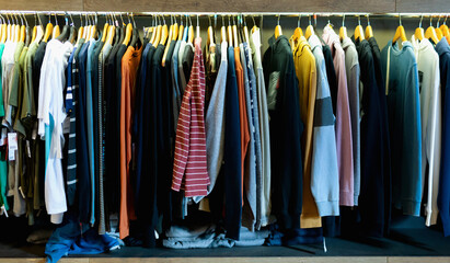 Assorted modern fashionable casual clothes on shelves and hangers at shopping mall