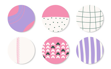 Set of round icon template highlight cover for post, stories in social media. Abstract hand drawn different shapes and textures. Doodle elements with spots, dots, lines. Isolated vector illustration