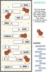 Word puzzle or word game: Fill in the blanks with the words provided to make the names of various birds. Answer included.
 - obrazy, fototapety, plakaty