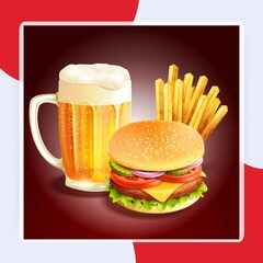 Hamburger french fries and beer glass mug realistic background vector illustration