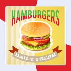 Fast food restaurant poster with beaf meat hamburger emblem vector illustration