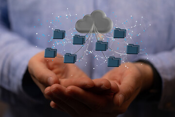 Data cloud storage network from lines, triangles and particle style design. 3d