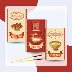 Asian food original recipes japanese cuisine special price banners set isolated vector illustration