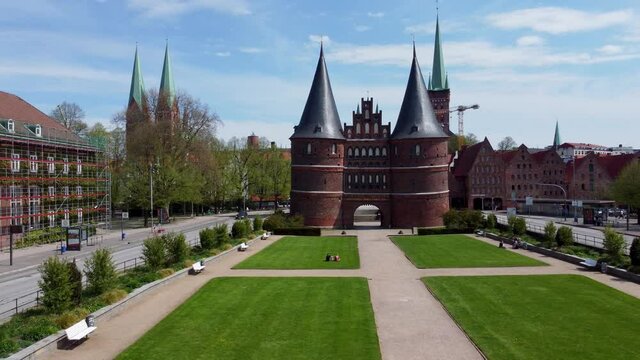 Famous Holsten Gate in the city of Lubeck Germany - aerial photography