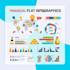 Finance flat infographic set with financial currency exchange business elements with world map vector illustration
