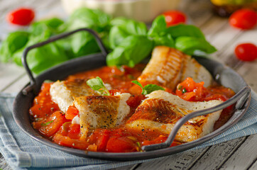 Delicious grilled fish with tomato sauce