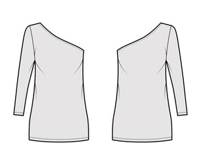 Dress one shoulder technical fashion illustration with long sleeve, oversized body, mini length pencil skirt. Flat apparel front, back, grey color style. Women, men unisex CAD mockup