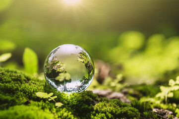 Obraz na płótnie Canvas crystal globe glass resting on moss stone with sunshine in nature forset. eco environment concept