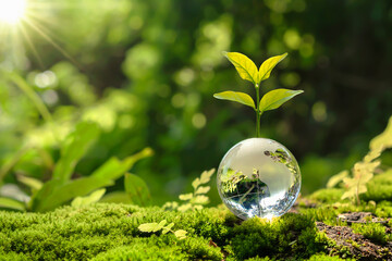 lass globe ball with tree growing and green nature blur background. eco earth day concept