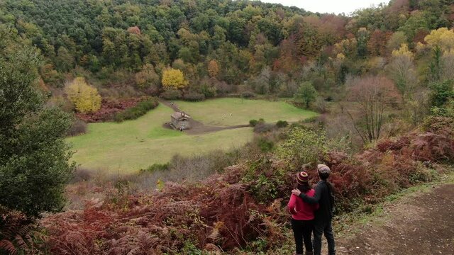 The Santa Margarida volcano with a hermitage in the centre of its crater. La Garrotxa Volcanic Zone Natural Park is a curious environment that overlooks part of the province of Girona.