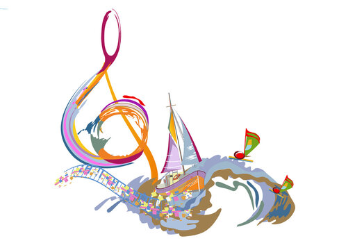 Abstract musical design with a colourful treble clef and musical waves, notes and splashes. Hand drawn vector illustration.