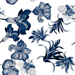 Navy Hibiscus Set. Indigo Flower Painting. Blue Watercolor Plant. Azure Floral Painting. Seamless Wallpaper. Pattern Foliage. Tropical Wallpaper. Art Leaf.