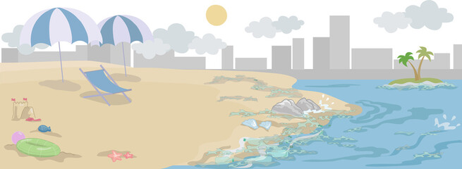 Sand beach full of waste and plastic in a cityscape