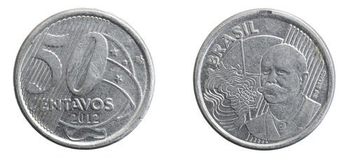 Brazil fifty centavos coin on a white isolated background