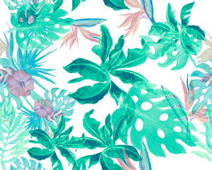 Fototapeta na wymiar Greenery Monstera Set. Mint Color Watercolor Leaves. Turquoise Banana Leaf Textile. Organic Seamless Backdrop. Pattern Garden. Tropical Design.Art Jungle.