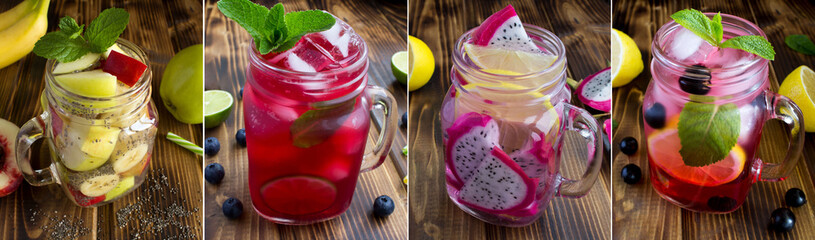 Collage of healthy drink. Detox or infused water  with chia seed, fruit and berry on the  wooden ...