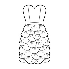 Dress petal chemise technical fashion illustration with strapless, sleeveless, fitted body, knee length skirt. Flat apparel front, white color style. Women, men unisex CAD mockup