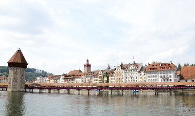 Overview of flower Chapel bridge in city center of Luzern in Switzerland