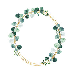 Watercolor eucalyptus gold wreath with green leaves isolated on white background. Hand drawn silver dollar eucalyptus golden frame branch greenery. Floral foliage herb botanical illustration © madiwaso