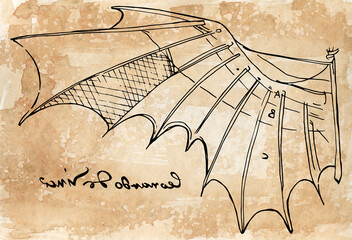 Sepia digital illustration of Leonardo da Vinci wing sketch from the flight code with his famous left-handed signature
