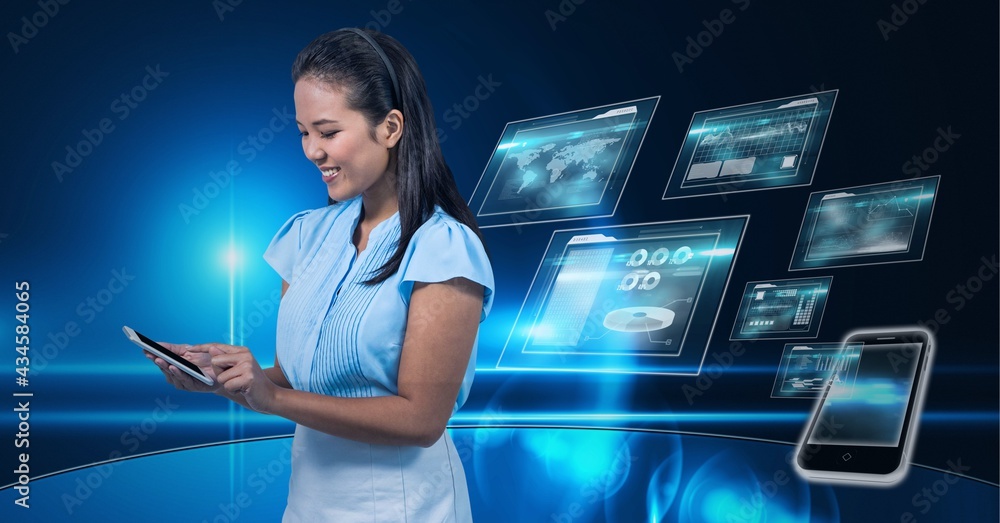 Poster composition of smiling businesswoman using smartphone over digital screens with data processing