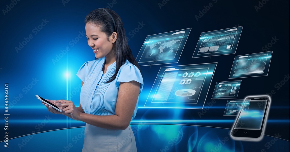 Poster composition of smiling businesswoman using smartphone over digital screens with data processing