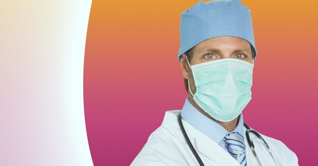 Composition of male surgeon in face mask with copy space in background