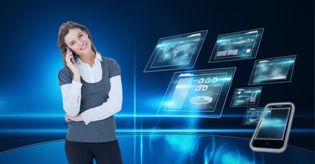 Composition of smiling businesswoman using smartphone over digital screens with data processing