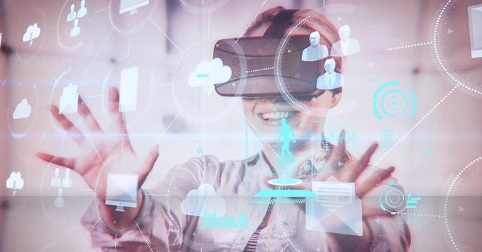 Composition of smiling businesswoman wearing vr headset touching screen with data processing