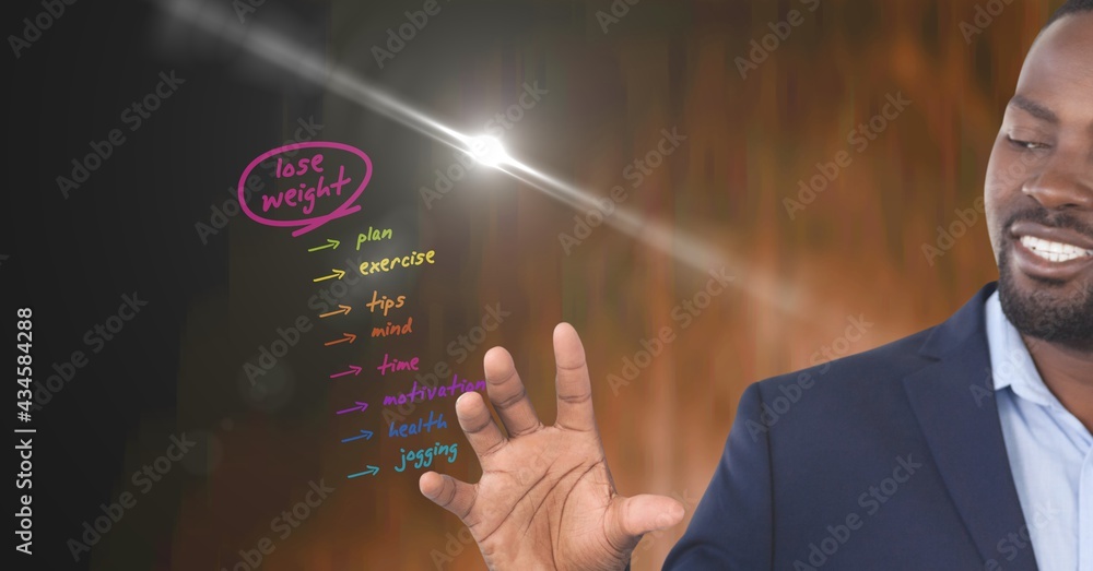 Poster composition of smiling man using virtual interface with lose weight health list menu