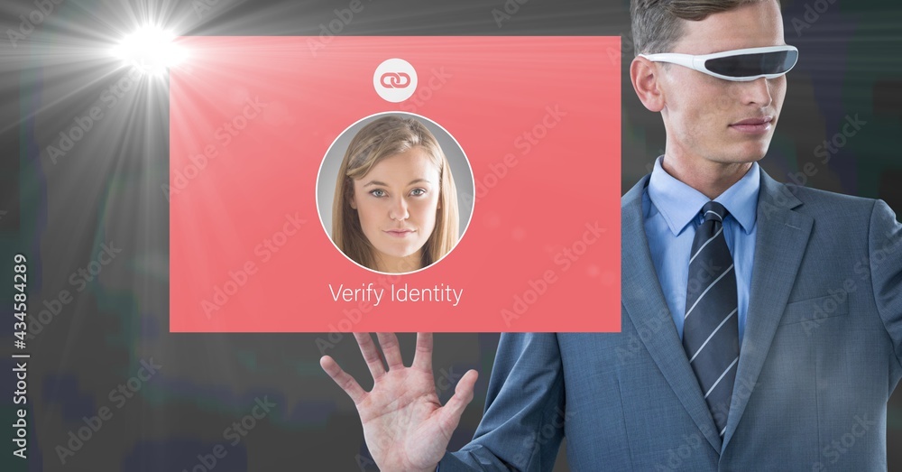 Aufkleber composition of businessman in vr goggles using interface id verification screen
