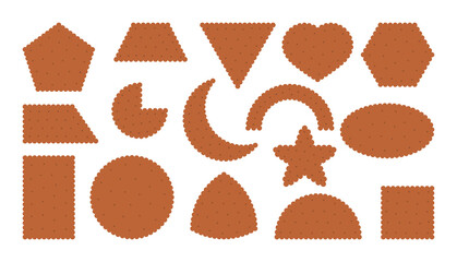Chocolate cracker biscuit icons set. Breakfast snack in flat cartoon style. Collection tasty food cookies different shapes top view circle, square, heart. Pastry cookie. Isolated vector illustration
