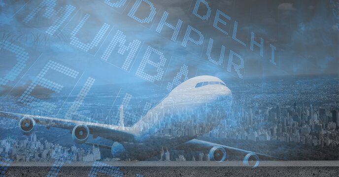 Composition of airplane and flight information over cityscape - Powered by Adobe