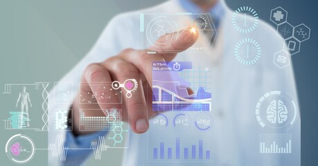 Composition of male doctor touching screen with medical data processing