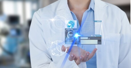 Composition of male doctor holding screen with dna strand and medical data processing