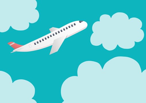 Illustration of airplane flying on blue sky with clouds in background