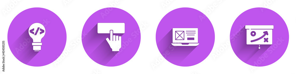 Poster set front end development, keyboard, ui or ux design and planning strategy concept icon with long sh